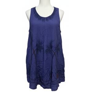 Advance Apparels Dress One Size Blue Embroidered Boho Fairy Palm Tree Beachy